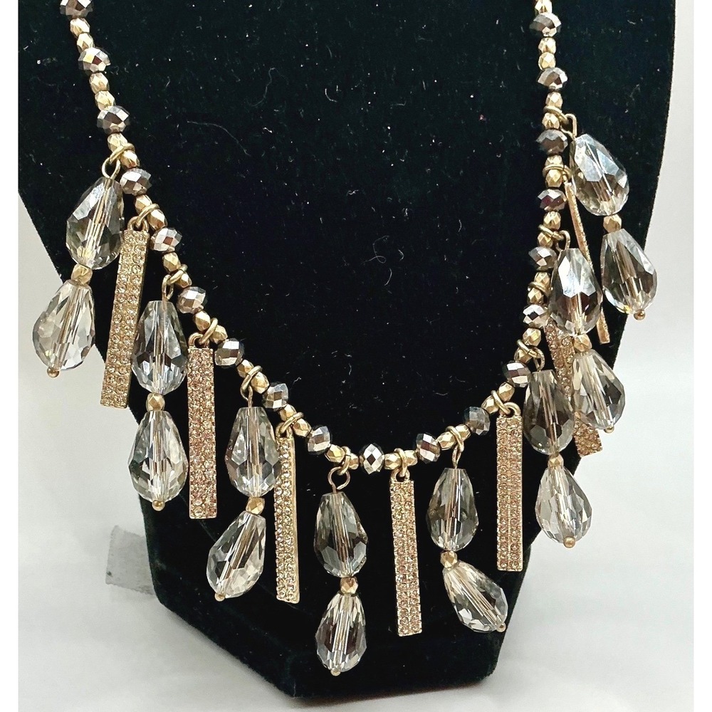 Smoky Glass Crystal & Gold Rhinestone Bar Statement Necklace 16-19"